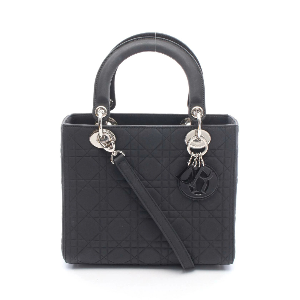 Christian Dior Lady Cannage Handbag Leather Black